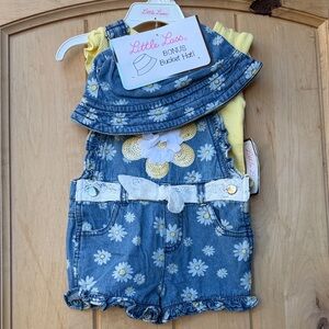 Little Lass Blue Floral Overalls with Hat